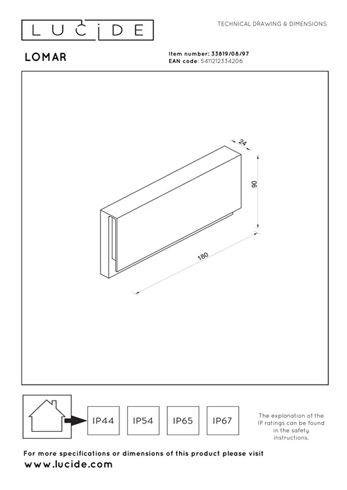 Lucide LOMAR - Applique murale Intérieur/Extérieur - LED - 1x10W 2700K - IP54 - Rouille - Essential - technique